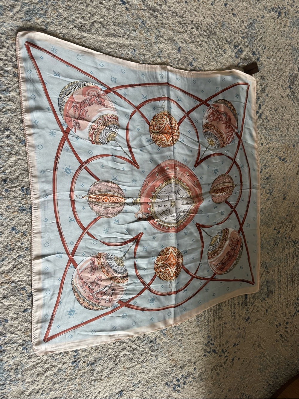 Louis Vuitton Light Blue and Rust 100% silk Scarf